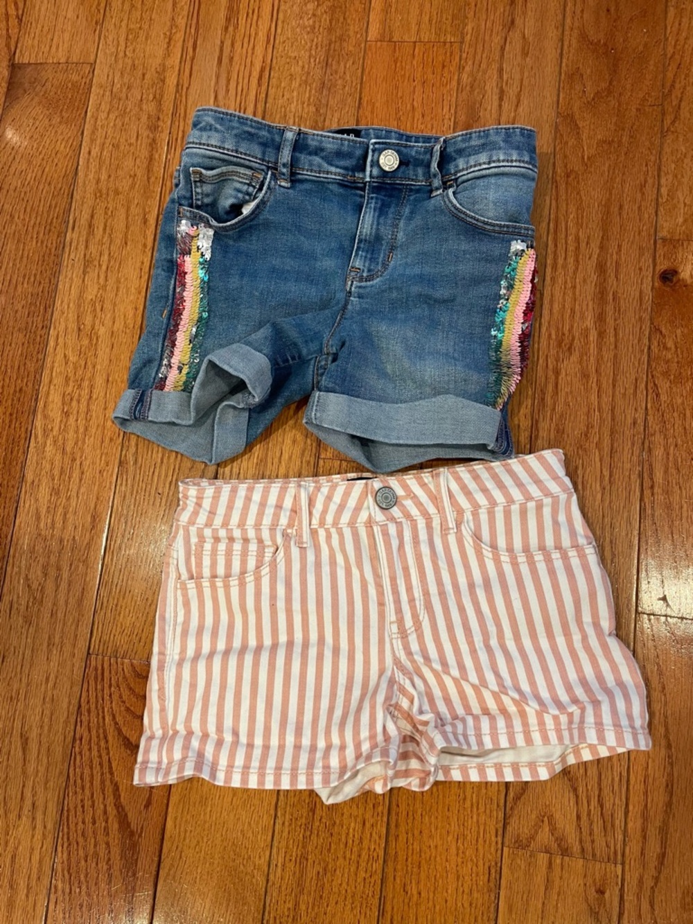 Two pairs of GAP denim Girls shorts, Striped Pink and White & denim